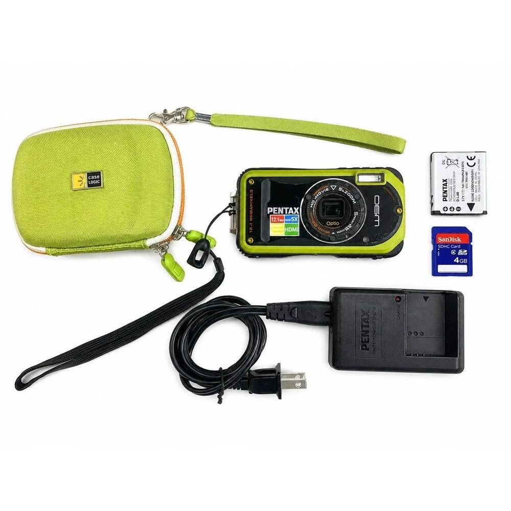 Pentax Optio W90 12.1MP Waterproof Digital Camera Green 5x Zoom Working Charger